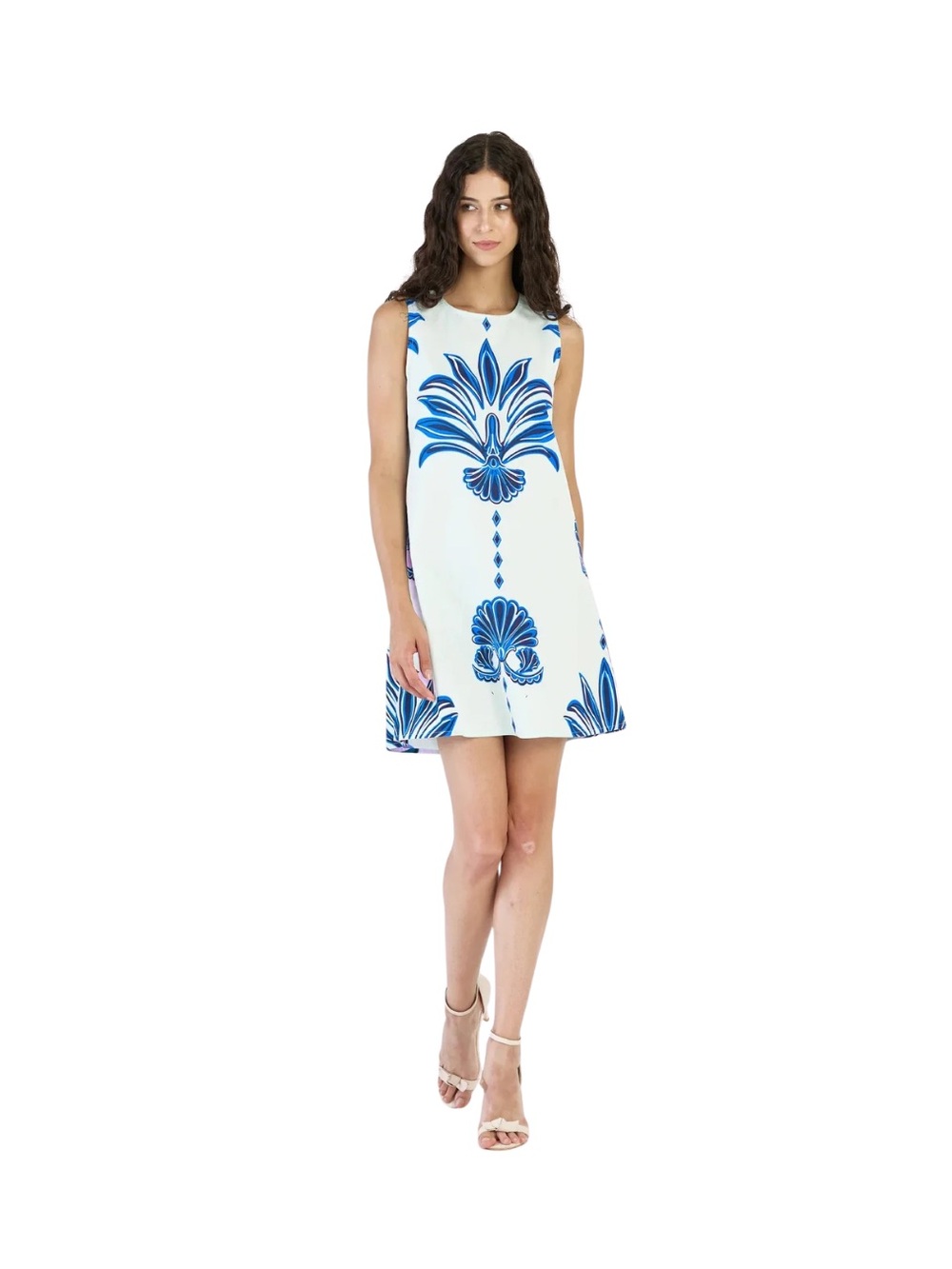 Beyond By Vera Sleeveless White Dress with Blue Floral Print